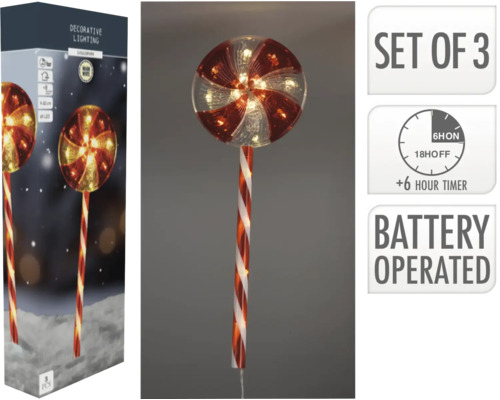 Dekorative Lollipop-Beleuchtung, 3er-Set, batteriebetrieben mit Zeitschaltuhr