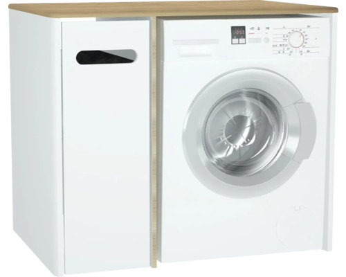 Waschmaschinenschrank VitrA Sento links BxHxT 105x89.5x72 cm Frontfarbe weiss matt Waschmaschine mit Wäscheschrank und Holzplatte