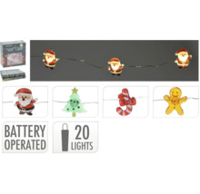 Batteriebetriebene Lichterkette mit 20 LED Lichtern, weihnachtlichen Motiven und Produktverpackung