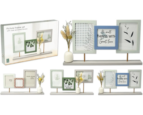 Dekoratives Fotorahmen Set mit drei Rahmen, Vase und Trockenblumen auf einem Regal