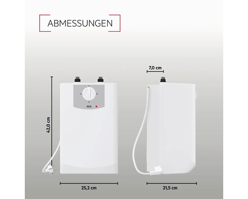 Abbildung der Abmessungen eines AEG Warmwasserbereiters mit den Maßen 42,0 cm Höhe, 25,2 cm Breite und 21,5 cm Tiefe.