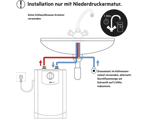 Installationshinweis: Nur mit Niederdruckarmatur installieren, keine Schlauchbrause-Armatur verwenden. Drosselsatz im Kaltwasserzulauf verwenden, alternativ Durchflussmenge am Eckventil auf 5 Liter pro Minute reduzieren.