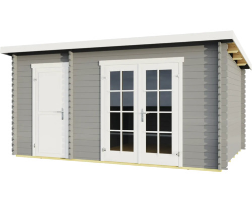 Graues Gartenhaus mit Doppeltür und Einzeltür