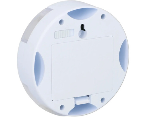 Rückseite einer runden LED-Leuchte mit Batteriefach und Schalter