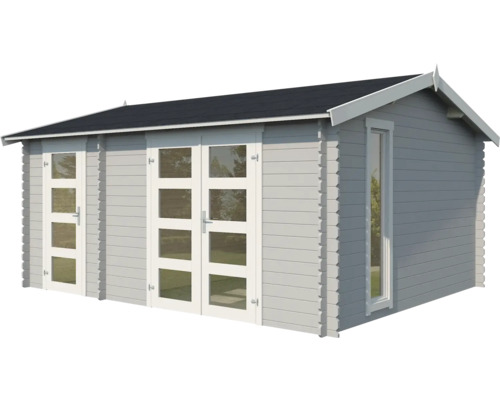 Graues Gartenhaus aus Holz mit Fenstern und Türen
