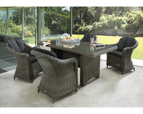 Sitzgruppe Destiny MALAGA LUNA 4x Sessel + Tisch 200x100x75cm, vintage grau Gartensitzgruppe mit Rattantisch und vier Rattanstühlen mit Polsterauflagen auf Terrasse