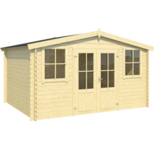 Gartenhaus aus Holz mit Fenstern und Doppeltür