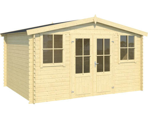 Gartenhaus aus Holz mit Fenstern und Doppeltür