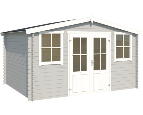 Gartenhaus aus Holz mit Fenstern und Doppeltür