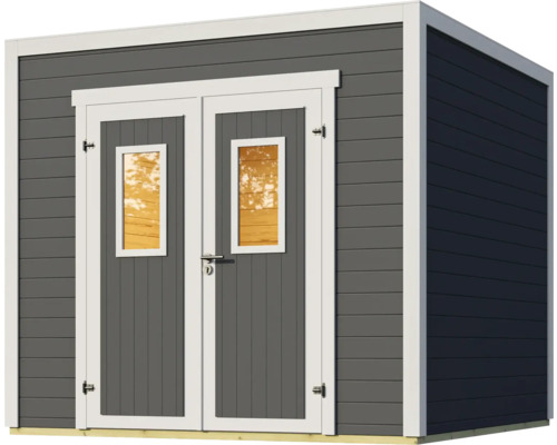 Graues Gartenhaus mit Doppeltür und Fenstern