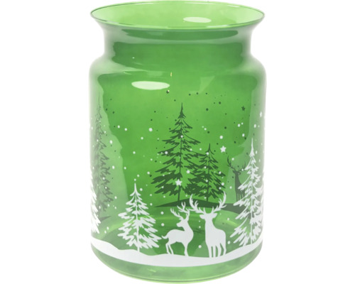 Grüne Glasvase mit Hirsch- und Tannenbaumdekor