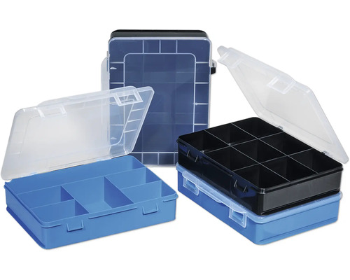 Aufbewahrungsbox Werkzeugkoffer Transportbox Allit 18 x 15,5 x 15 cm, schwarz/blau Mehrere Sortimentskästen aus Kunststoff mit Fächern und transparenten Deckeln