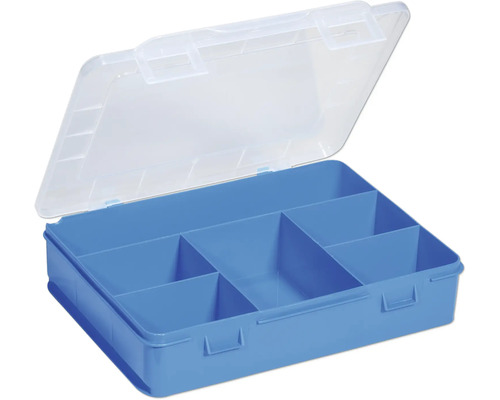 Blaue Werkzeugkiste mit transparentem Deckel und Fächern