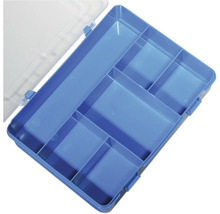 Blaue Sortimentsbox mit Fächern und transparentem Deckel