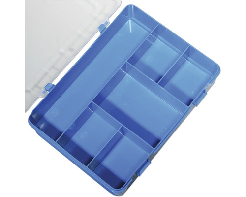 Blaue Sortimentsbox mit Fächern und transparentem Deckel
