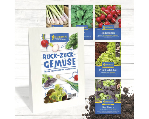 Verschiedene Gemüsesamenpackungen der Marke Kiepenkerl für den schnellen Erfolg im Garten