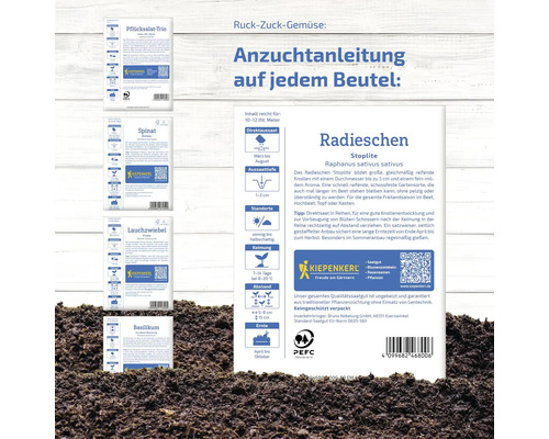 Samenpackungen der Gemüsesorten Pflücksalat Trio, Spinat, Lauchzwiebel, Basilikum und Radieschen mit Anzuchtanleitung