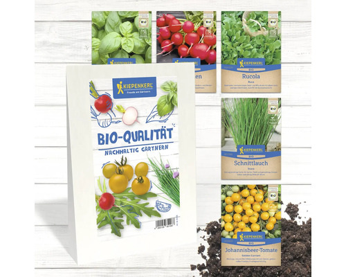Abbildung verschiedener Kiepenkerl Bio-Saatgutpackungen mit Gemüsesorten