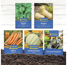 Verschiedene Kiepenkerl-Saatgutpackungen für Spinat, Kürbis, Karotten und Zuckermelone