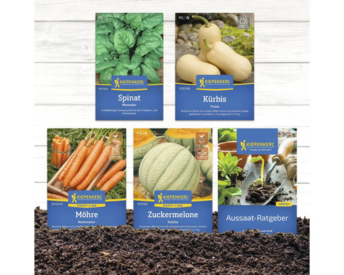 Verschiedene Kiepenkerl-Saatgutpackungen für Spinat, Kürbis, Karotten und Zuckermelone