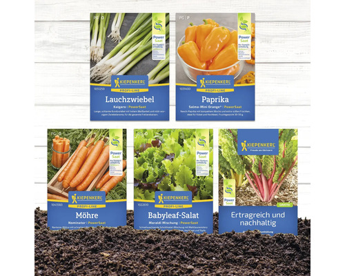 Abbildung verschiedener Samentüten von Kiepenkerl: Lauchzwiebel, Paprika, Möhre, Babyleaf Salat und Mangold.