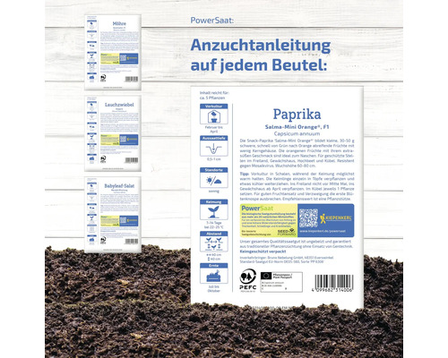 Abbildung von Samentüten verschiedener Gemüsesorten, darunter Karotten, Lauchzwiebeln, Babyleaf Salat und Paprika