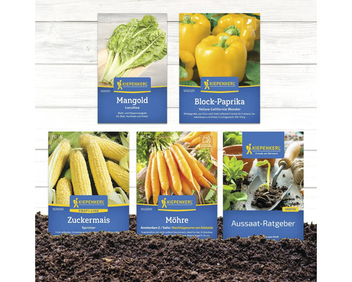 Abbildung verschiedener Sämereien von Kiepenkerl: Mangold, Blockpaprika, Zuckermais, Möhre und ein Aussaat-Ratgeber.