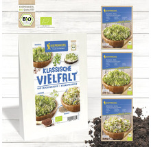 Kiepenkerl Bio Microgreens und Keimsprossen Vielfalt, inklusive Kresse, Rucola und Radieschen, neben einzelnen Microgreen- und Sprossenpackungen