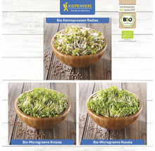 Drei Holzschalen mit Bio-Keimsprossen Radieschen, Bio-Microgreens Kresse und Bio-Microgreens Rucola, Kiepenkerl Logo, Bio Qualität Siegel