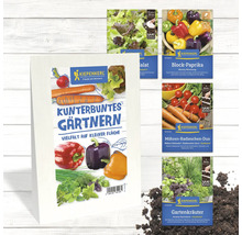 Abbildung von Saatgutpackungen, darunter Salatsamen, Paprikasamen, Möhren-Radieschen-Samen und Gartenkräutersamen von Kiepenkerl