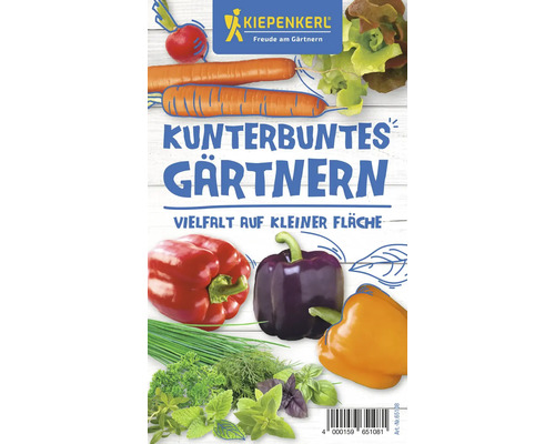 Kiepenkerl Logo. Abbildung von Radieschen, Karotten, Salat, Paprika, Schnittlauch, Petersilie, Dill und Basilikum. Kunterbuntes Gärtnern, Vielfalt auf kleiner Fläche.