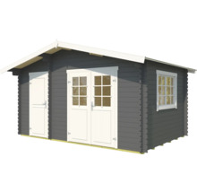 Graues Gartenhaus aus Holz mit Fenster und Doppeltür