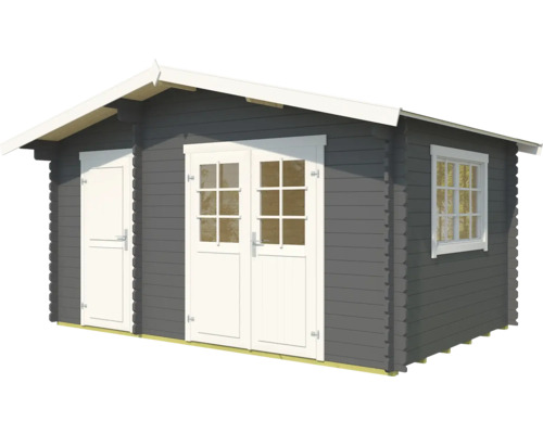 Graues Gartenhaus aus Holz mit Fenster und Doppeltür