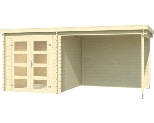 Holzgartenhaus mit Doppeltür und Anbau