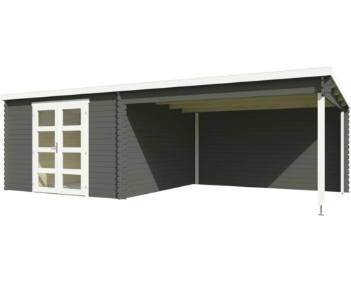 Graues Gerätehaus mit Überdachung und Doppeltür