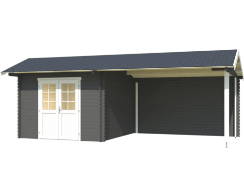 Blockbohlenhaus mit Doppeltür und Vordach