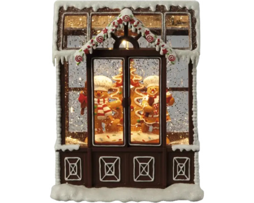 LED Wasserlaterne Konstsmide Lebkuchenhaus H 21,5 cm Lichtfarbe warmweiß batteriebetrieben inkl. 5 Stunden Timer Dekoratives Lebkuchenhaus mit Lebkuchenmännern und Schnee als Weihnachtsdekoration