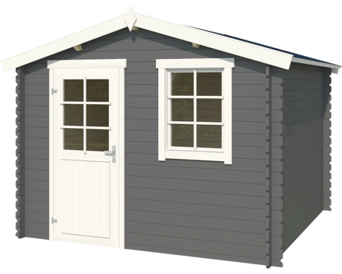 Graues Gartenhaus mit Fenster und Tür