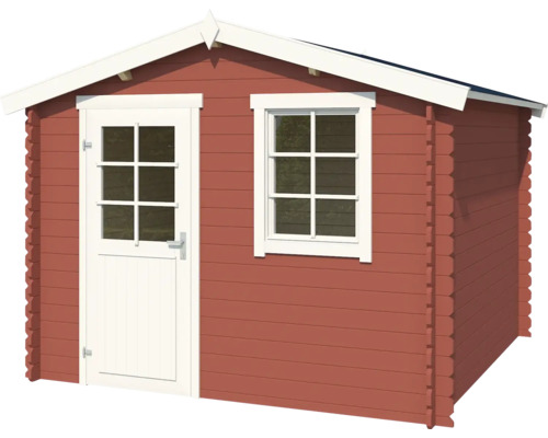 Rotes Gartenhaus mit Tür und Fenster