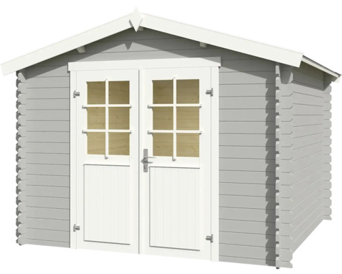Graues Gartenhaus mit Doppeltür