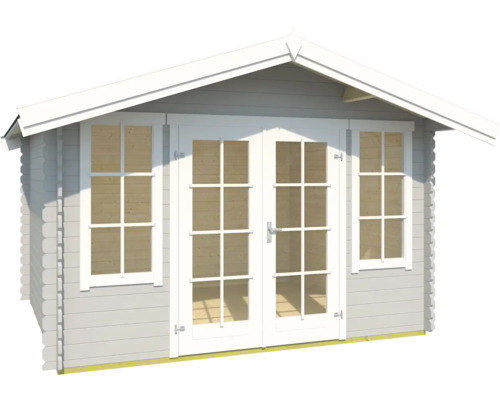 Gartenhaus aus Holz mit Fenstern und Doppeltür