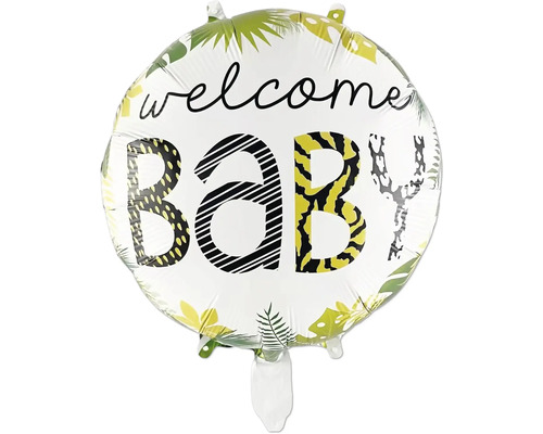 Runder Folienballon mit der Aufschrift Willkommen Baby und Dschungelmotiven