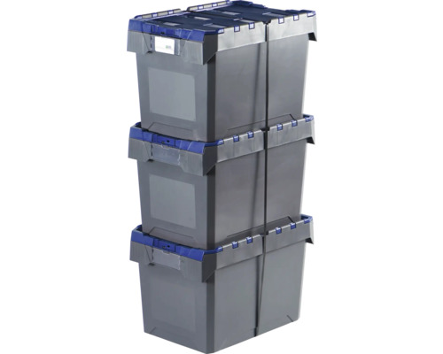 Drei graue Aufbewahrungsboxen aus Kunststoff, gestapelt und mit Bändern fixiert.