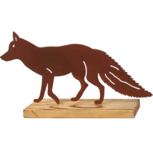 Dekofigur Fuchs aus Metall auf Holzsockel