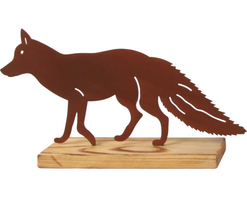 Dekofigur Fuchs aus Metall auf Holzsockel
