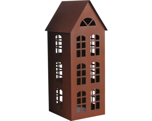 Dekoratives Haus aus Metall mit Fensteröffnungen als Windlicht