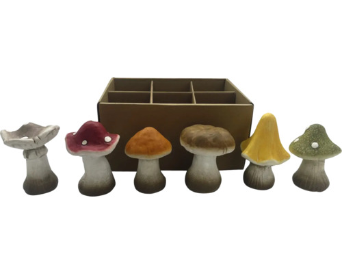 Dekorative Pilzfiguren in verschiedenen Formen und Farben mit Kartonverpackung