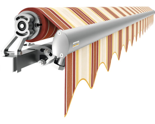 Markise mit Streifenmuster im ausgerollten Zustand