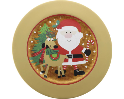 Dekoteller Kunststoff Ø 33 cm H 1,7 cm gold Weihnachtsteller mit Weihnachtsmann, Rentier und Weihnachtsbaum Motiv