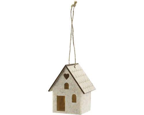 Dekoobjekt Haus aus Filz mit Holzdach 7,5 x 6 x 9 cm braun Dekoratives Haus zum Aufhängen mit Herz- und Fensterformen